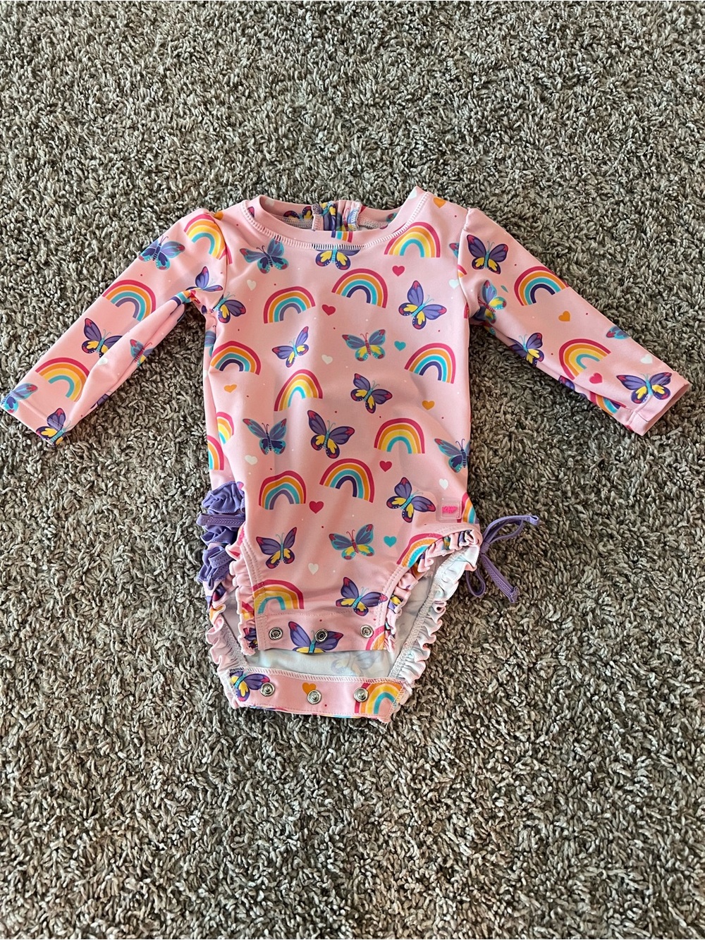 Ruffle Butt Pink Rainbow & Butterfly Long Sleeve Baby Swimsuit - 6-12 month